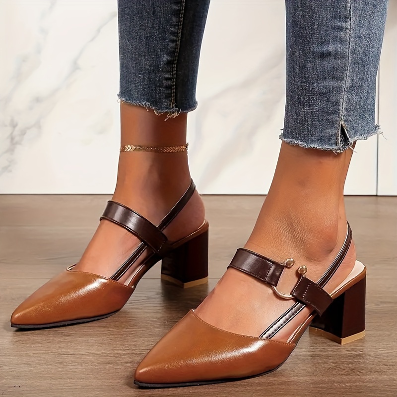womens trendy chunky heel sandals elegant point toe dress pumps fashion slingback heels details 2