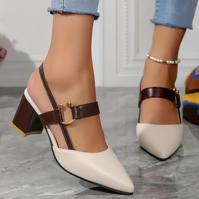 womens trendy chunky heel sandals elegant point toe dress pumps fashion slingback heels details 5