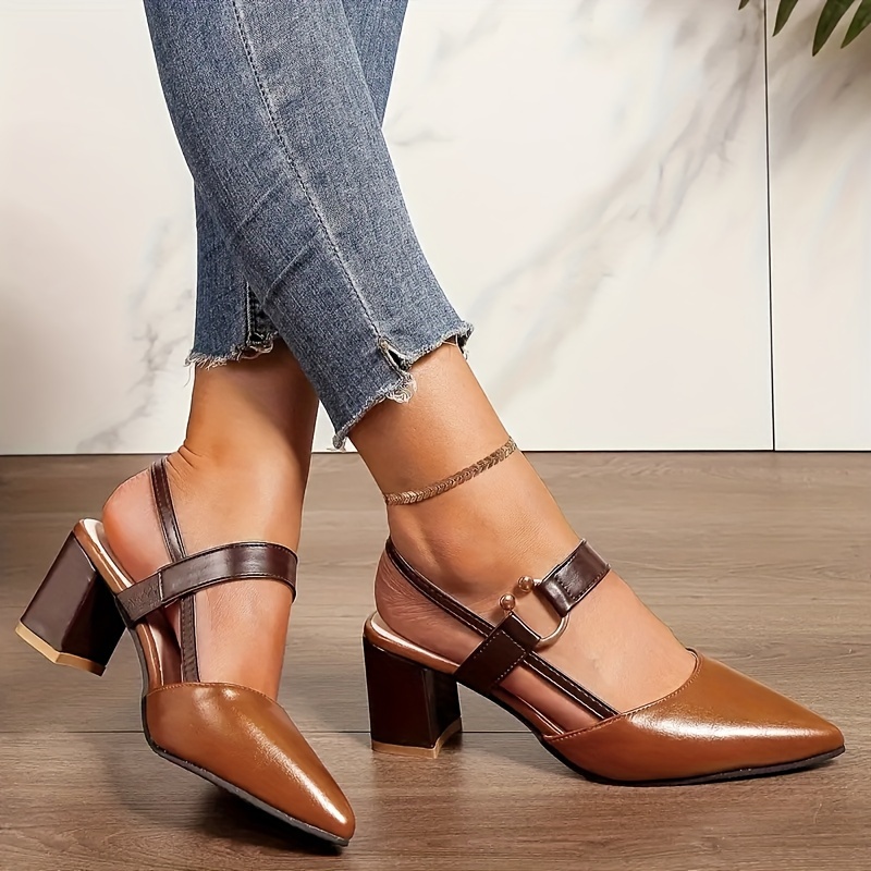 womens colorblock sandals ankle buckle strap comfy block heel shoes trendy point toe shoes details 0
