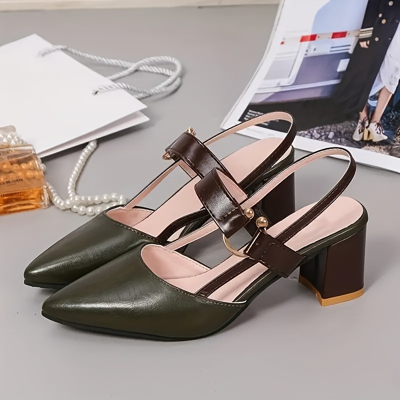 womens colorblock sandals ankle buckle strap comfy block heel shoes trendy point toe shoes details 4