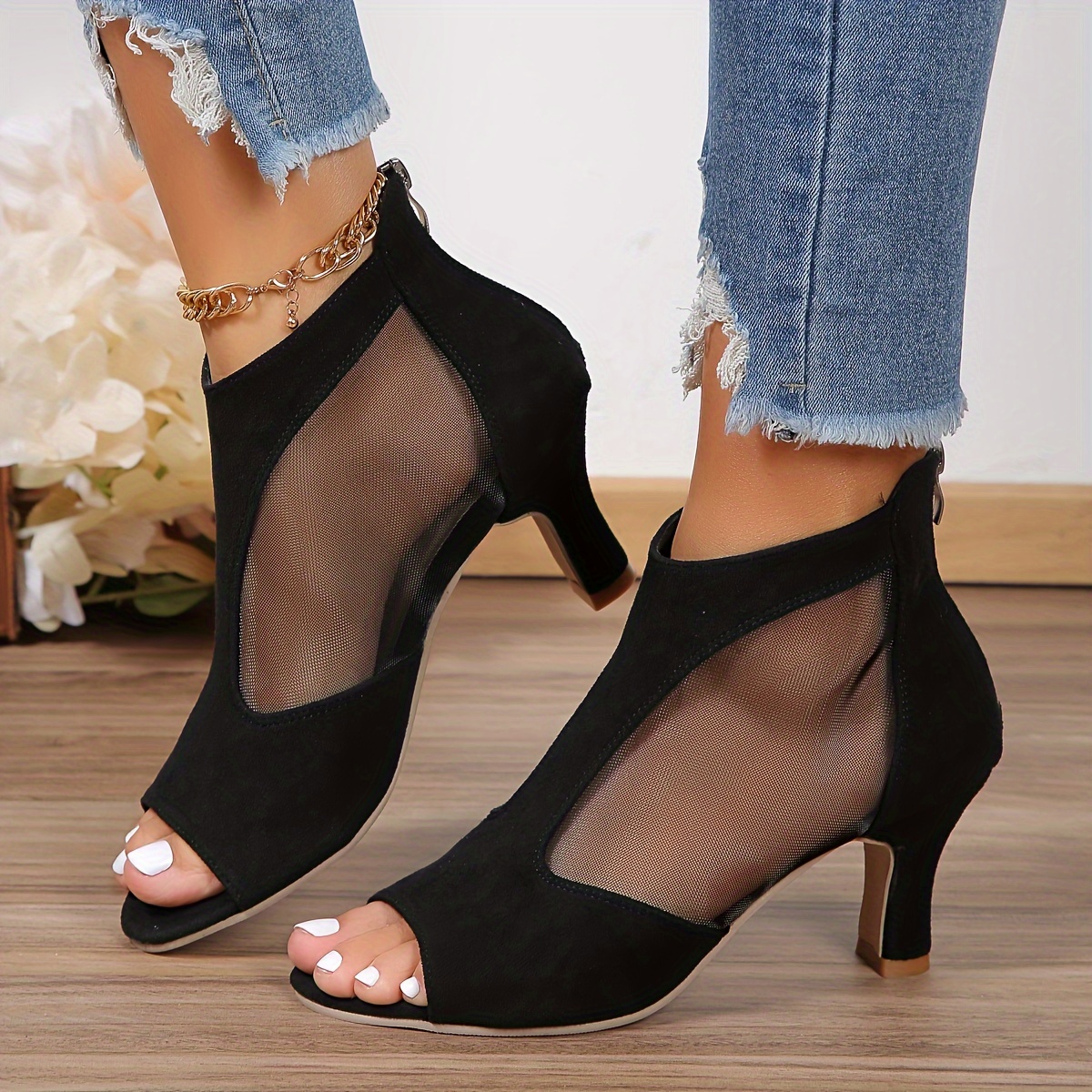 womens breathable mesh chunky heel sandals fashion open toe dress pumps stylish back zipper sandals details 1