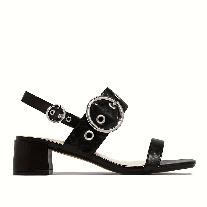 chunky heeled sandals, womens chunky heeled sandals solid color open toe metal buckled square toe comfy sandals womens fashion footwear details 5