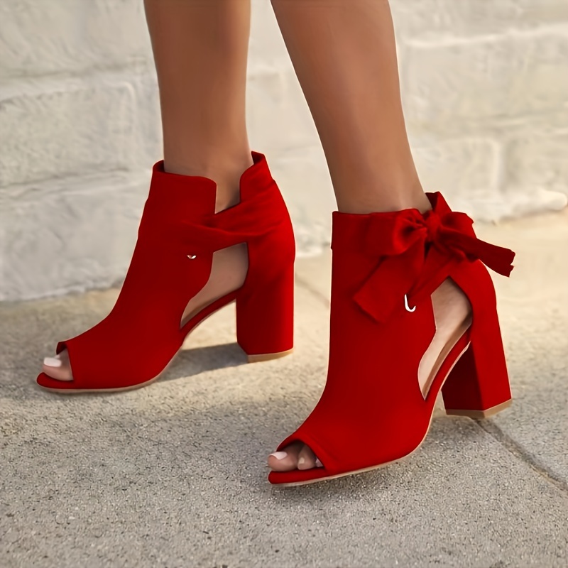 womens bowknot design sandals peep toe side cut out solid color chunky heel shoes summer holiday dress shoes details 0
