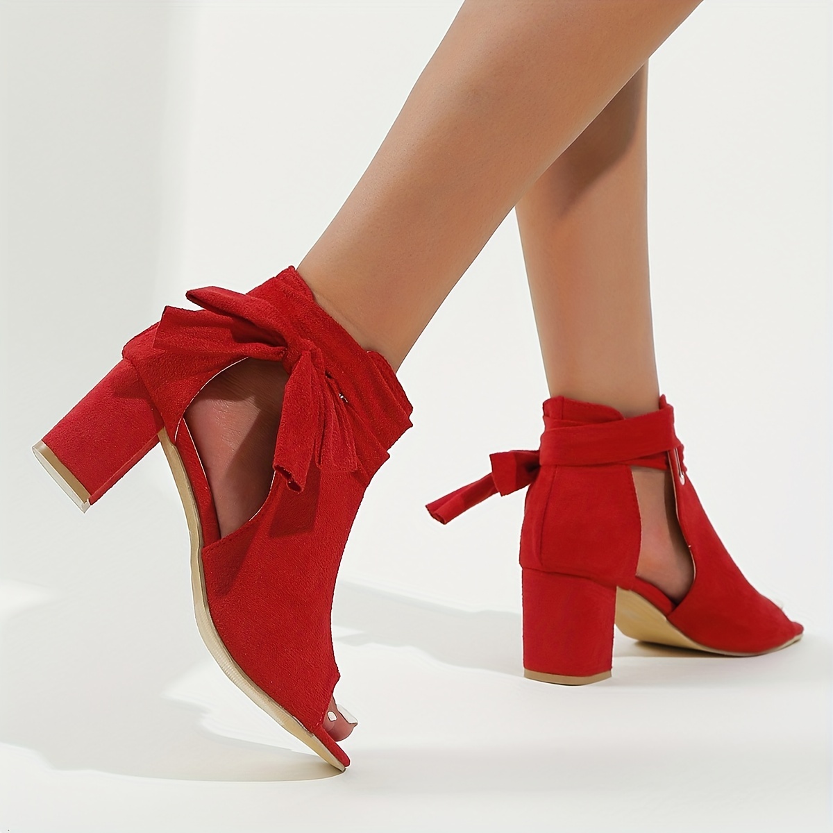 womens bowknot design sandals peep toe side cut out solid color chunky heel shoes summer holiday dress shoes details 4