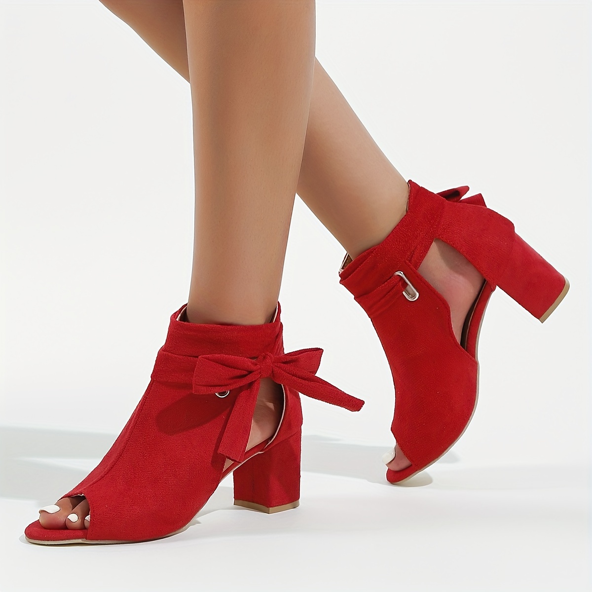 womens bowknot design sandals peep toe side cut out solid color chunky heel shoes summer holiday dress shoes details 5