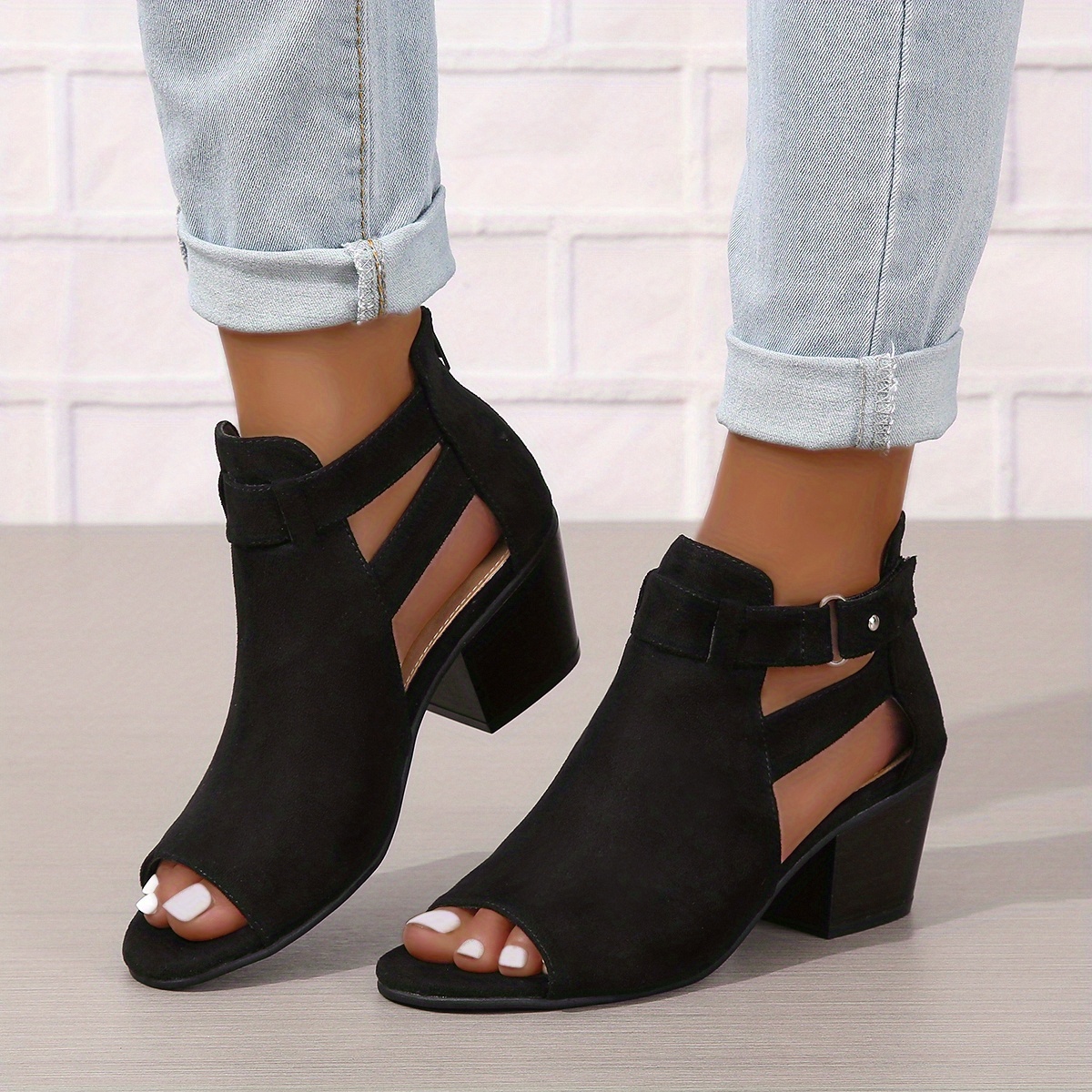 womens chunky heeled sandals peep toe solid color cut out back zipper low heels retro stacked heeled sandals details 0