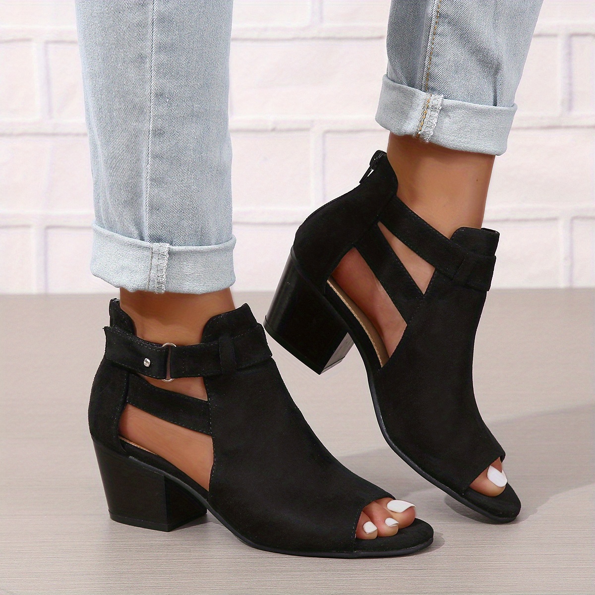 womens chunky heeled sandals peep toe solid color cut out back zipper low heels retro stacked heeled sandals details 1