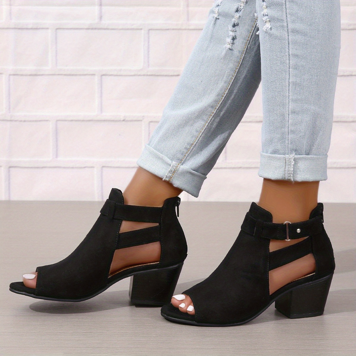 womens chunky heeled sandals peep toe solid color cut out back zipper low heels retro stacked heeled sandals details 2