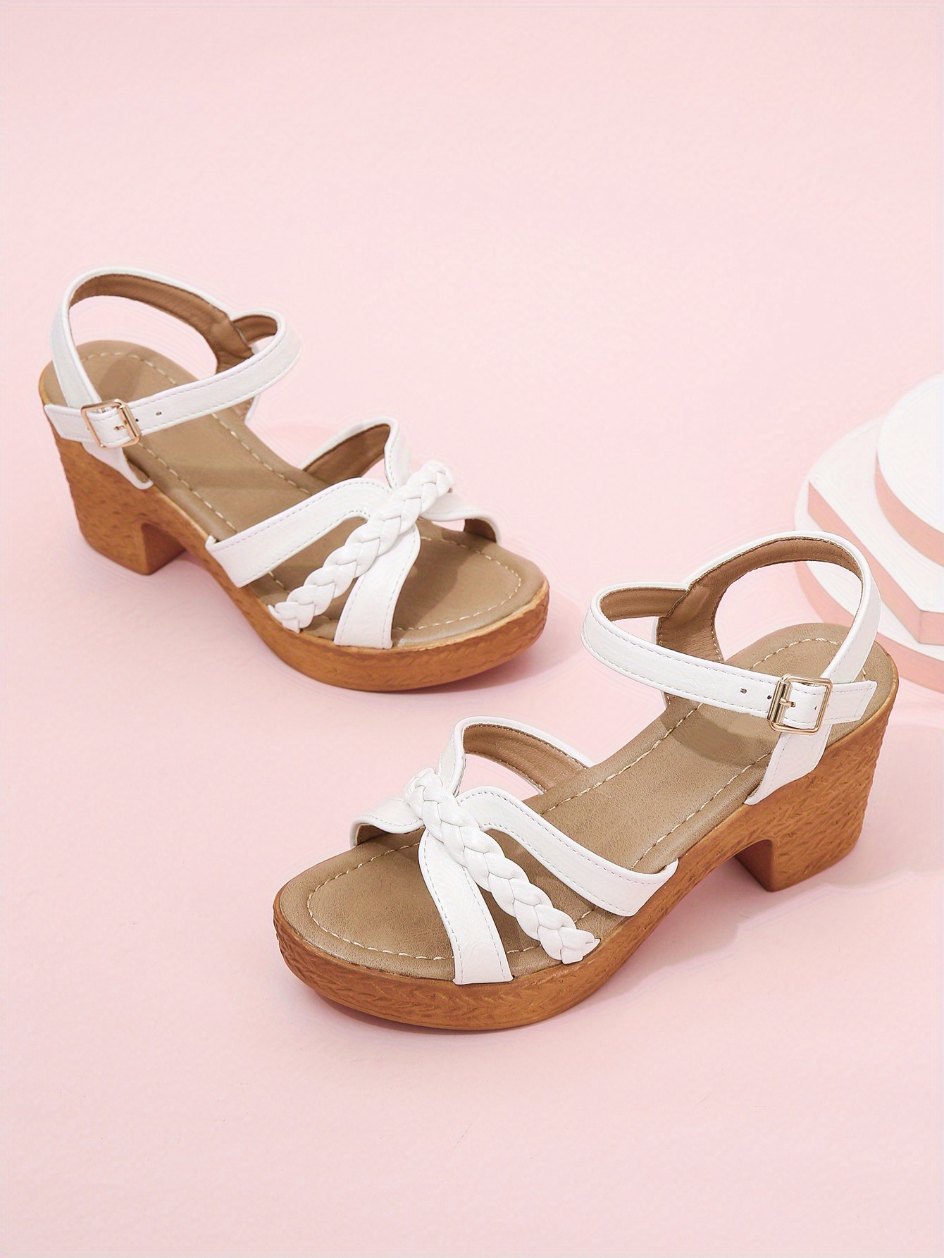 womens braided chunky heel sandals casual buckle strap summer shoes fashion dress pumps details 1
