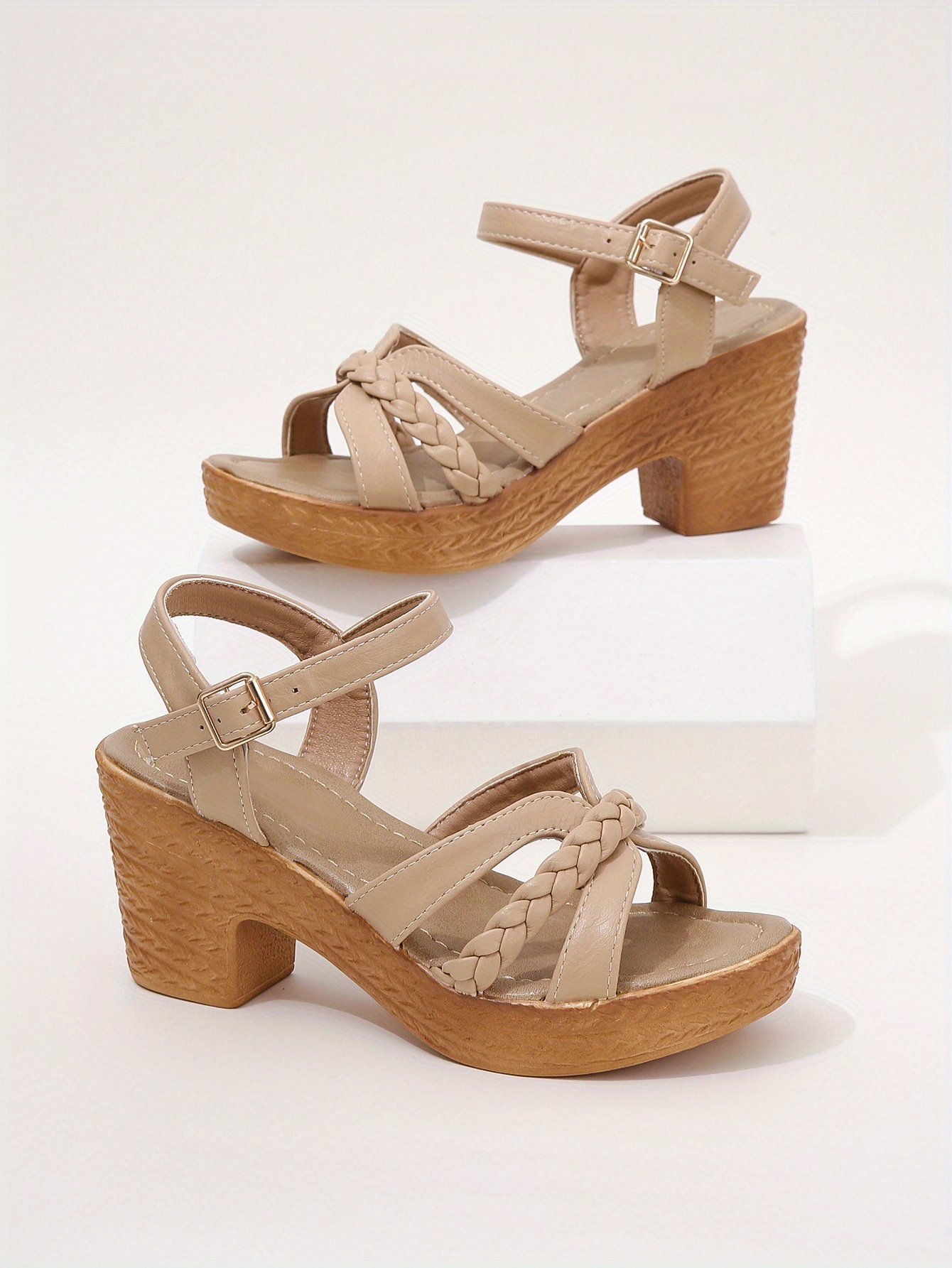 womens braided chunky heel sandals casual buckle strap summer shoes fashion dress pumps details 3