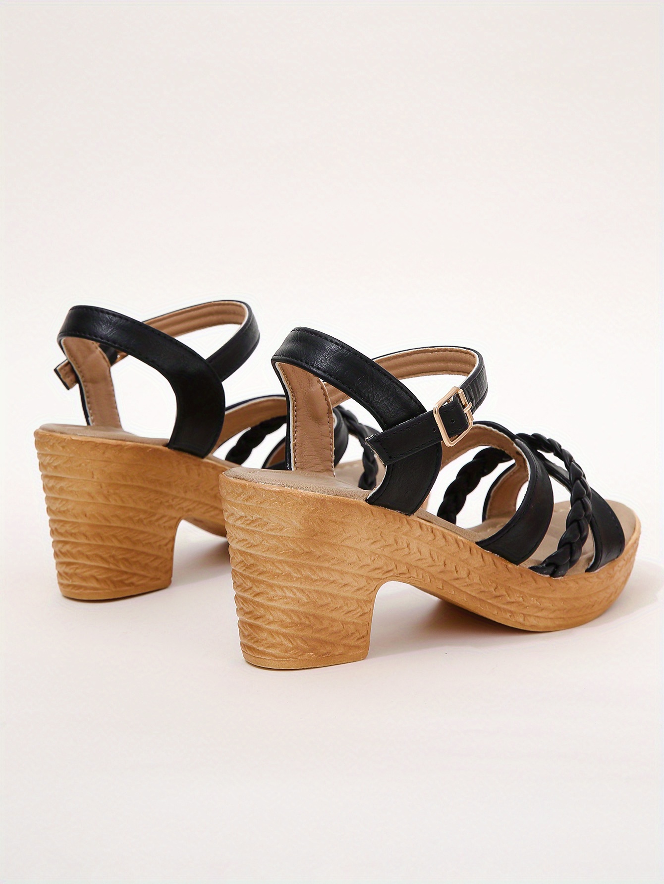 womens braided chunky heel sandals casual buckle strap summer shoes fashion dress pumps details 7