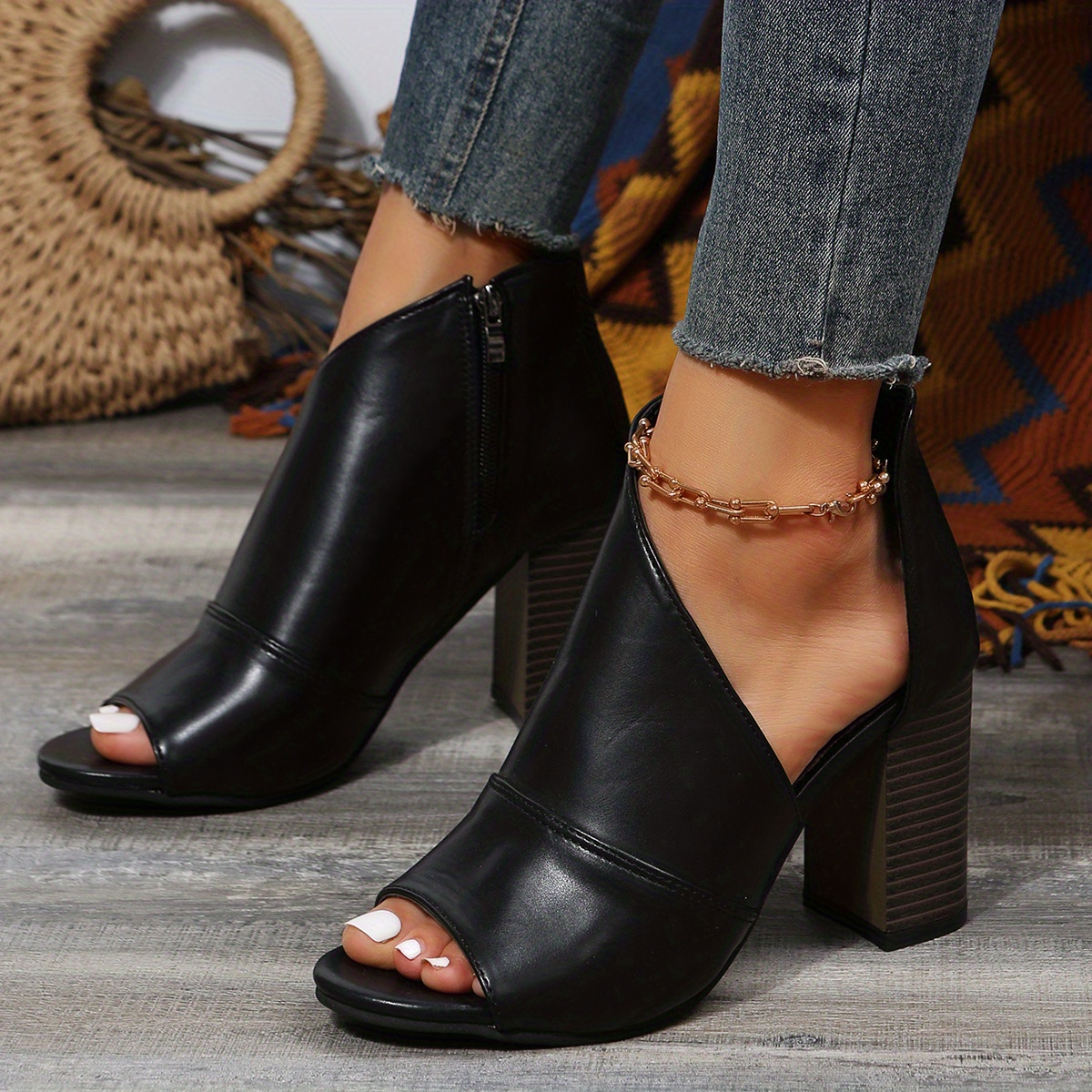 womens block heeled sandals fashion peep toe side zipper pumps comfortable summer sandals details 0