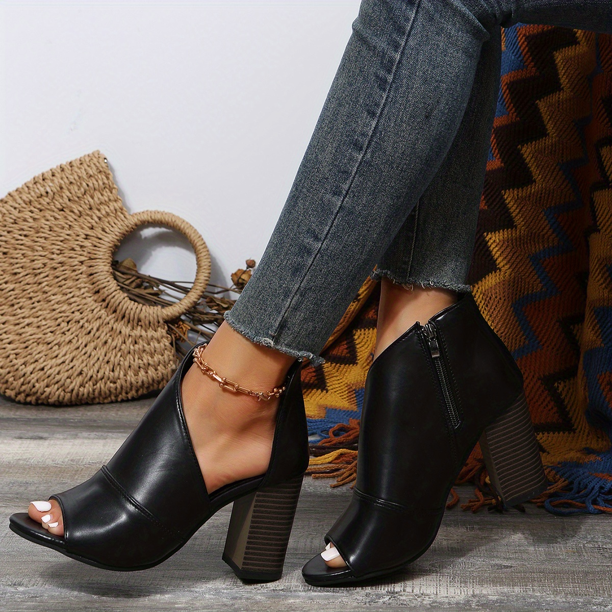 womens block heeled sandals fashion peep toe side zipper pumps comfortable summer sandals details 2