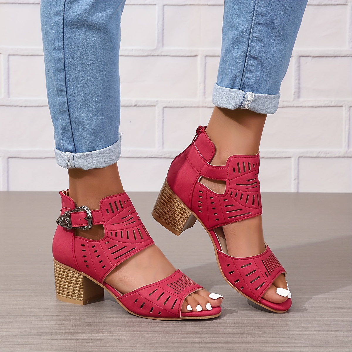 chunky heeled sandals, womens chunky heeled sandals peep toe perforated ankle buckle strap mid heels back zipper design sandals details 7