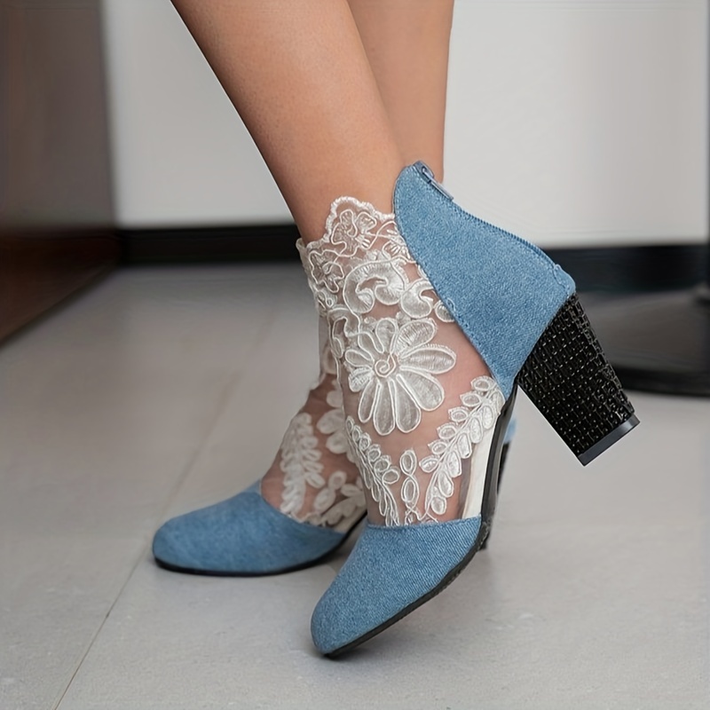 heeled sandals, womens block heeled sandals trendy lace back zipper pumps fashion versatile dress heels details 0