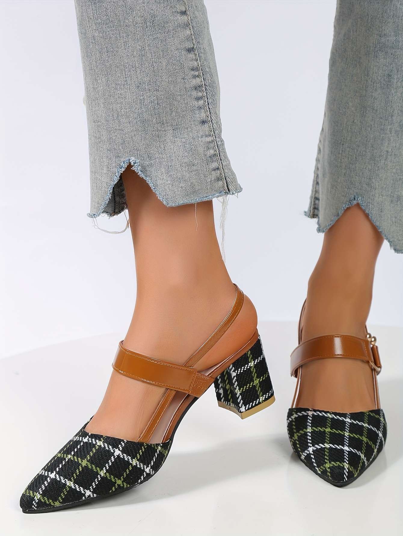 womens chunky heeled sandals plaid pointed toe slingback mid heels versatile sandals details 7