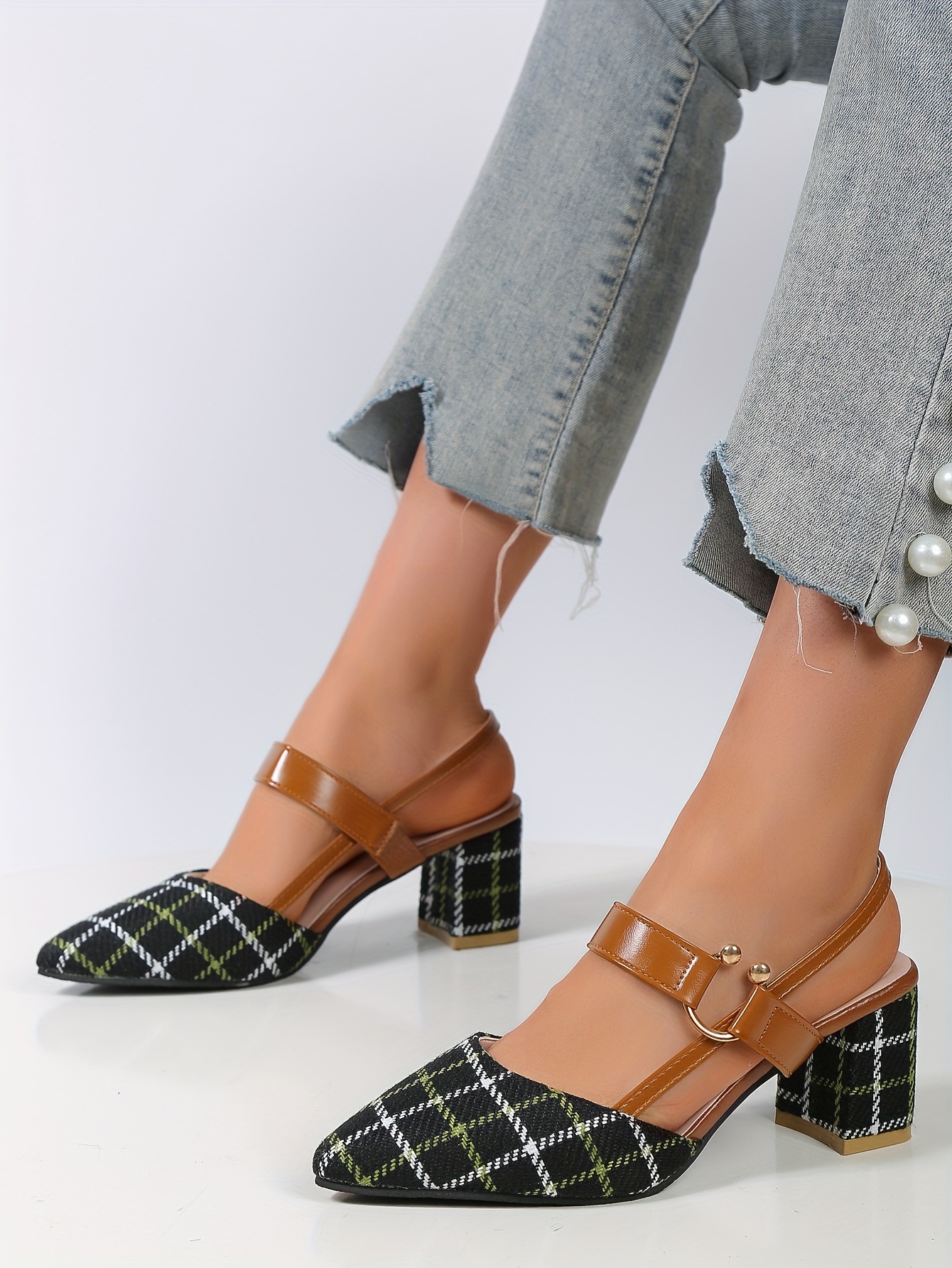 womens chunky heeled sandals plaid pointed toe slingback mid heels versatile sandals details 10