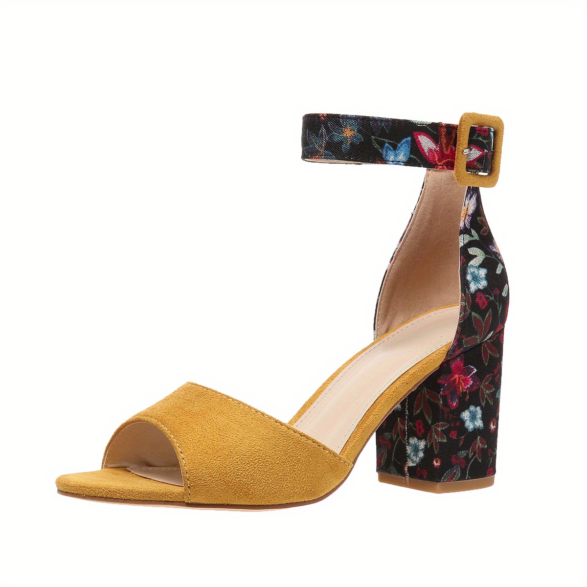 womens chunky heeled sandals peep toe floral print ankle strap high heels fashion canvas sandals details 1