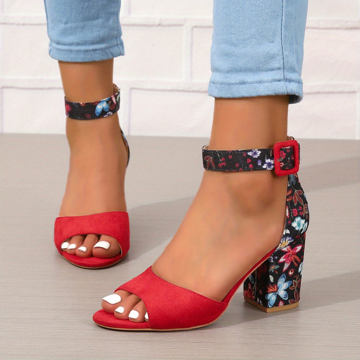 womens chunky heeled sandals peep toe floral print ankle strap high heels fashion canvas sandals details 11