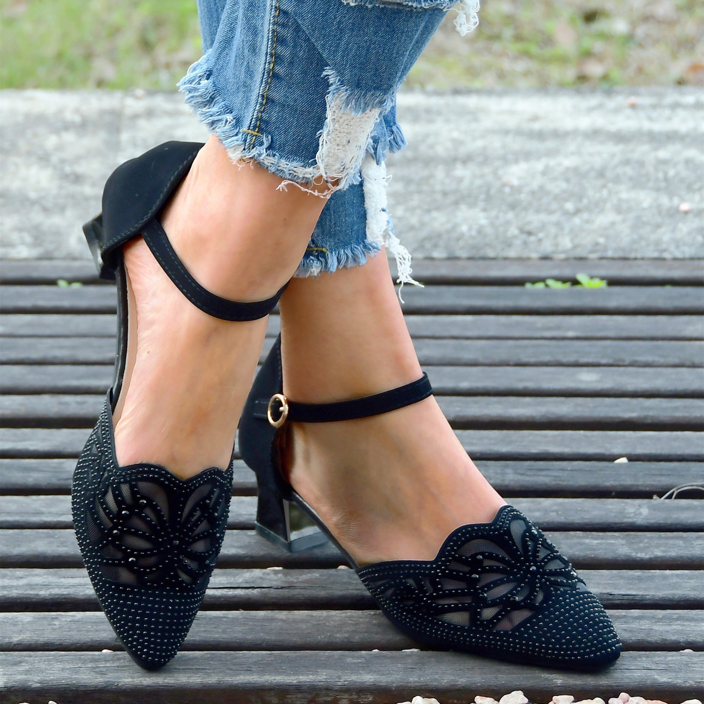 womens chunky heeled sandals rhinestone mesh pointed toe ankle strap shoes stylish mid heeled dorsay shoes details 1