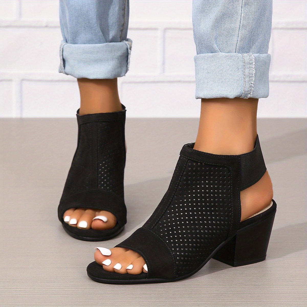 womens chunky heeled sandals retro perforated peep toe elastic strap slingback shoes solid color slip on sandals details 3