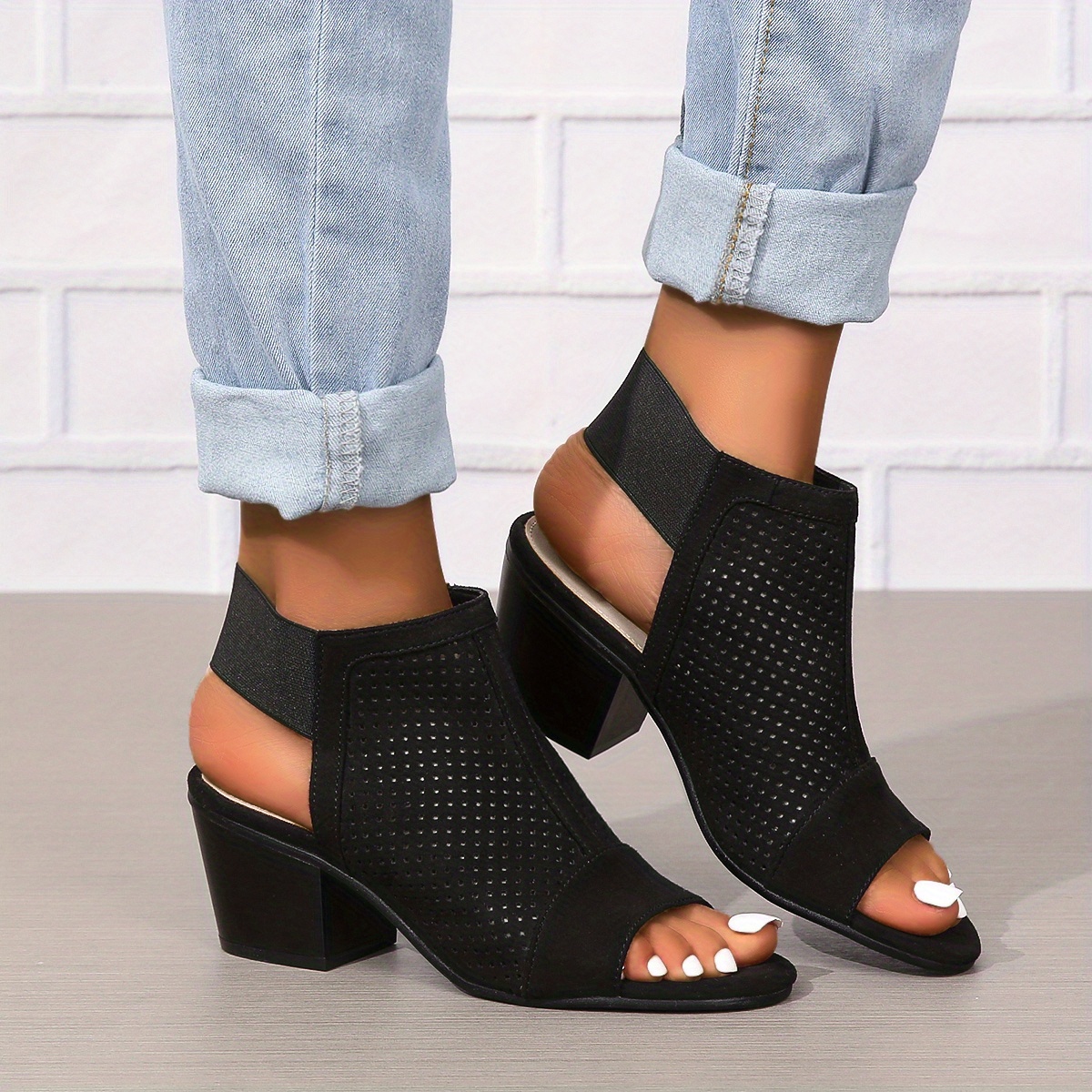 womens chunky heeled sandals retro perforated peep toe elastic strap slingback shoes solid color slip on sandals details 10