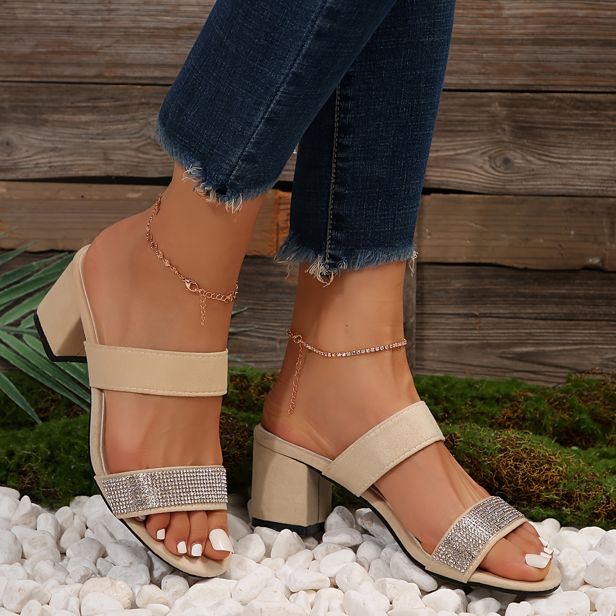 womens chunky heeled sandals rhinestone double band open toe high heels all match slip on sandals details 5
