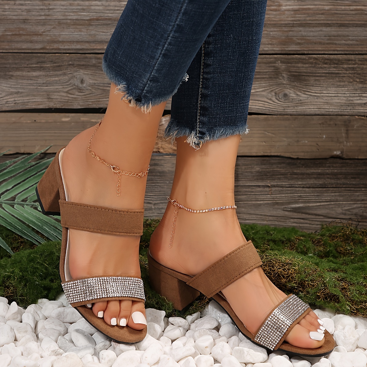 womens chunky heeled sandals rhinestone double band open toe high heels all match slip on sandals details 8