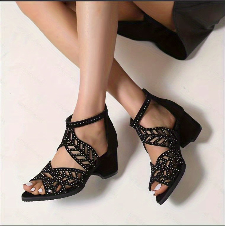 womens chunky heeled sandals peep toe rhinestone decor back zipper mid heels fashion dress shoes details 1