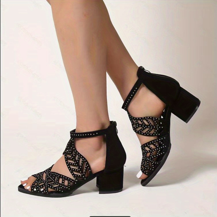 womens chunky heeled sandals peep toe rhinestone decor back zipper mid heels fashion dress shoes details 2