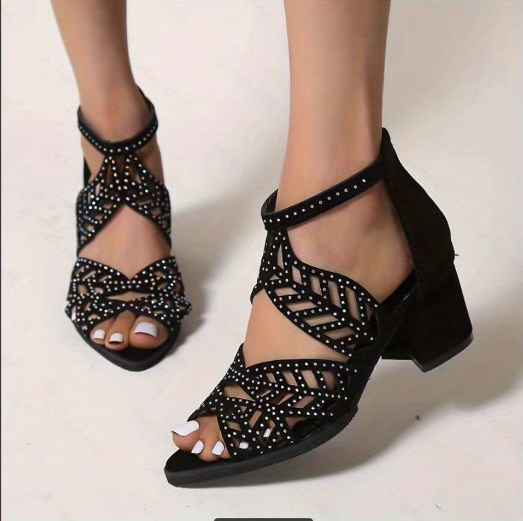 womens chunky heeled sandals peep toe rhinestone decor back zipper mid heels fashion dress shoes details 3