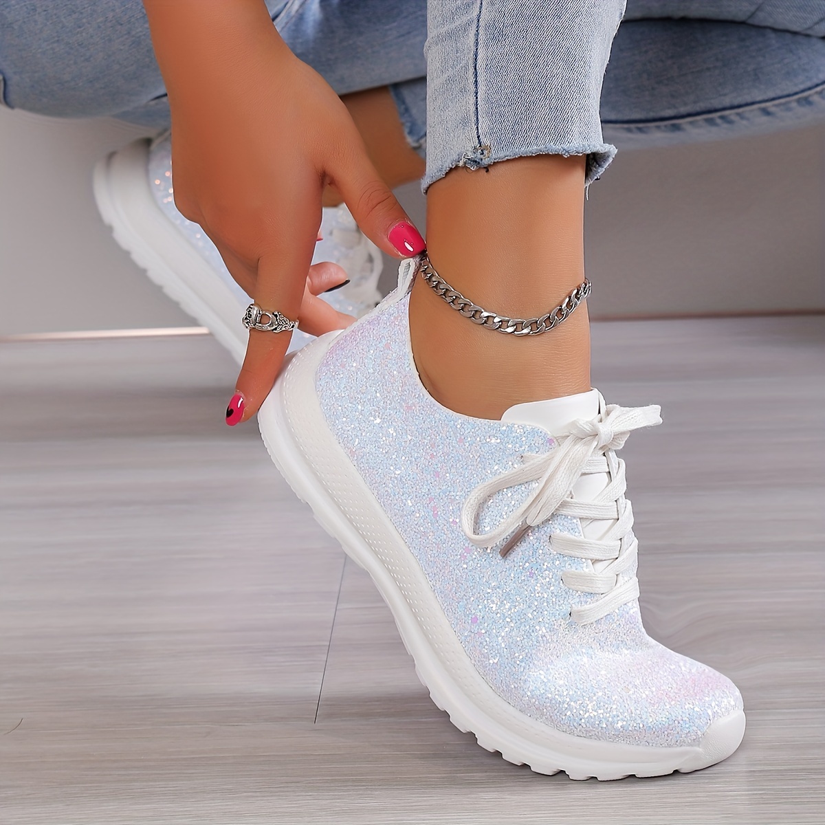 womens glitter sequins decor sneakers casual lace up outdoor shoes lightweight low top walking shoes details 3