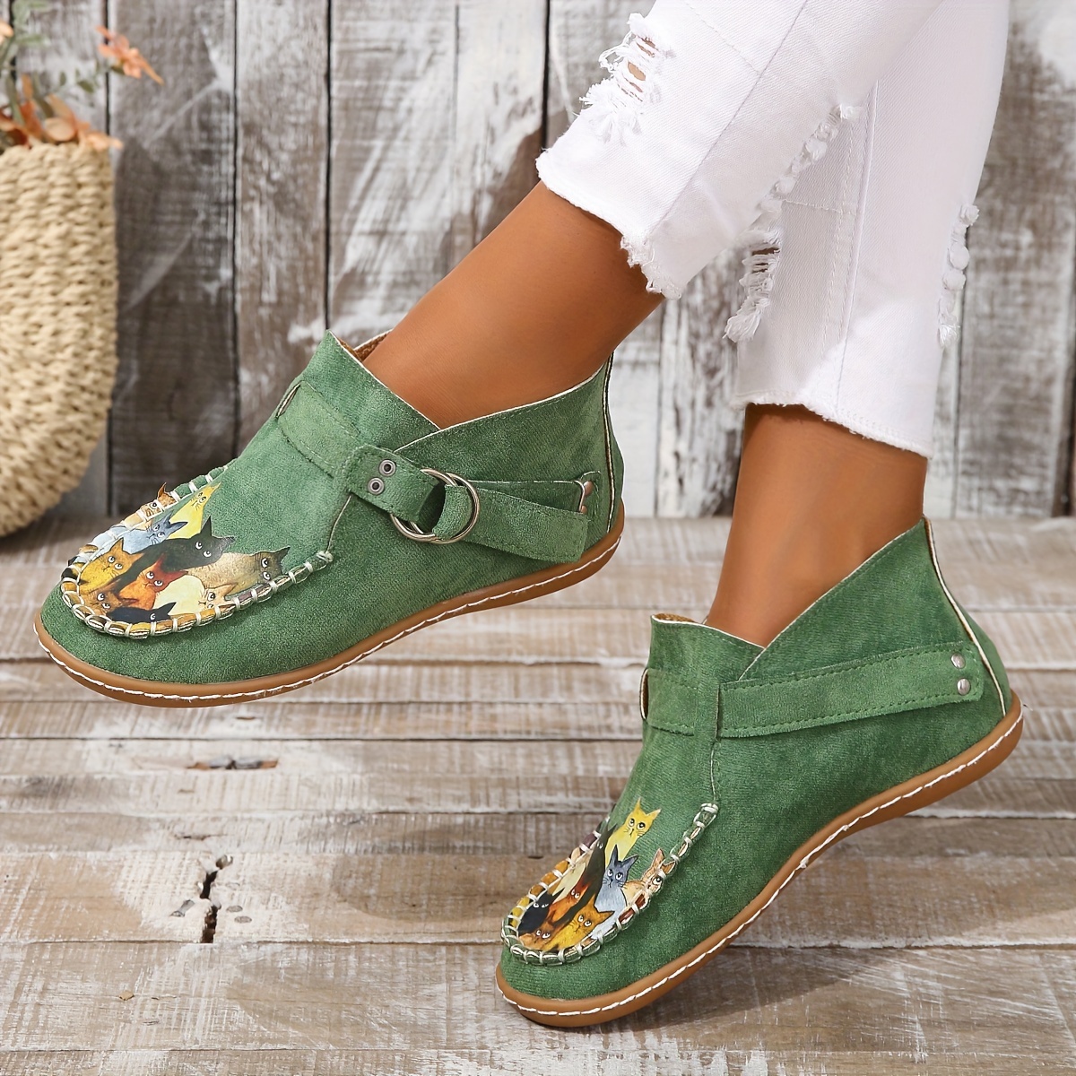 womens cute cat pattern ankle boots retro round toe buckle slip on shoes comfortable low top shoes details 2