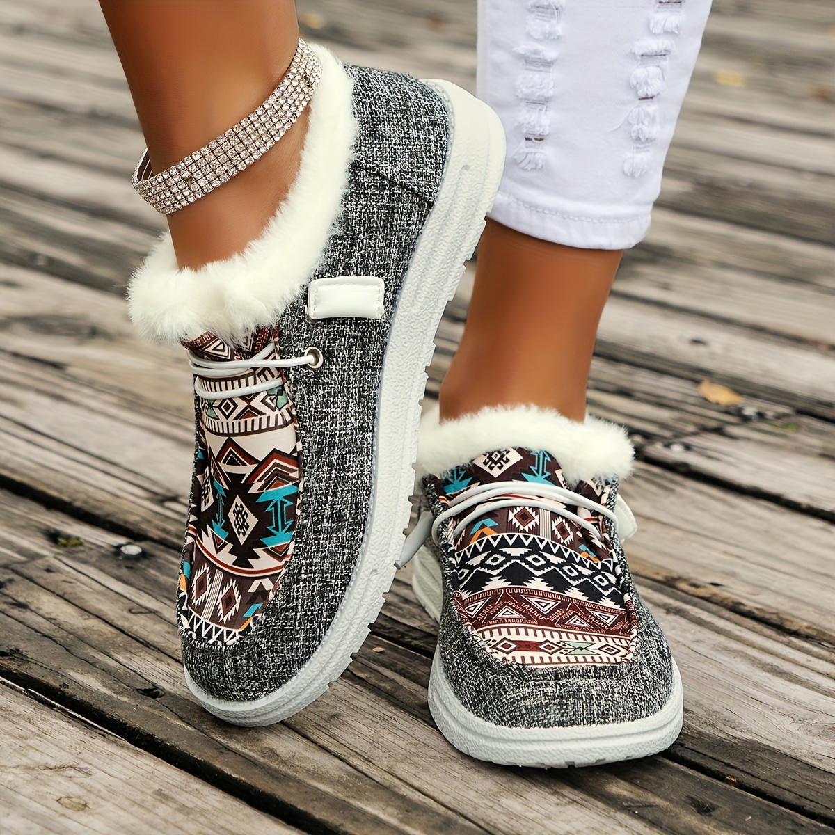 womens tribal pattern canvas shoes winter plush lined low top sneakers thermal outdoor walking flat shoes details 1