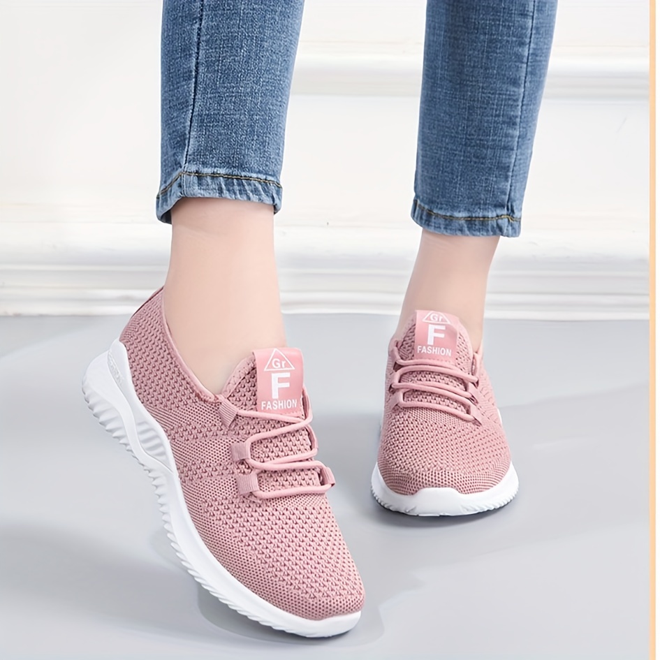womens solid color knitted sneakers lace up breathable platform comfy sporty trainers versatile low top running shoes details 0