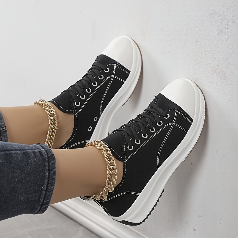 platform canvas sneakers, womens platform canvas sneakers solid color lace up low top walking trainers casual outdoor sports shoes details 0