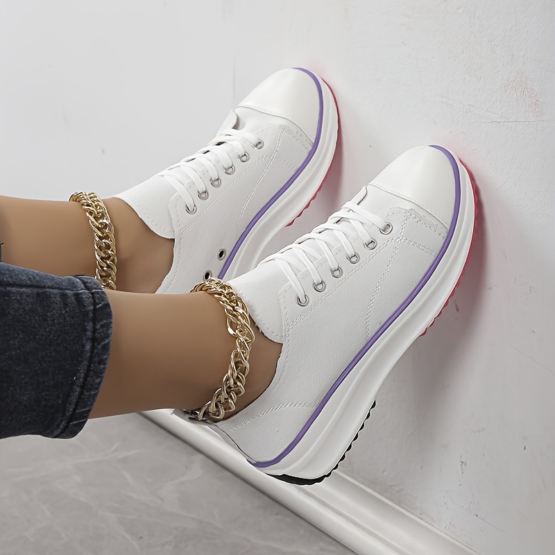 platform canvas sneakers, womens platform canvas sneakers solid color lace up low top walking trainers casual outdoor sports shoes details 1