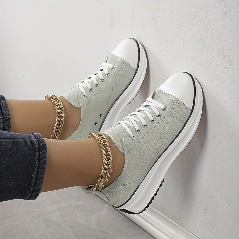 platform canvas sneakers, womens platform canvas sneakers solid color lace up low top walking trainers casual outdoor sports shoes details 3