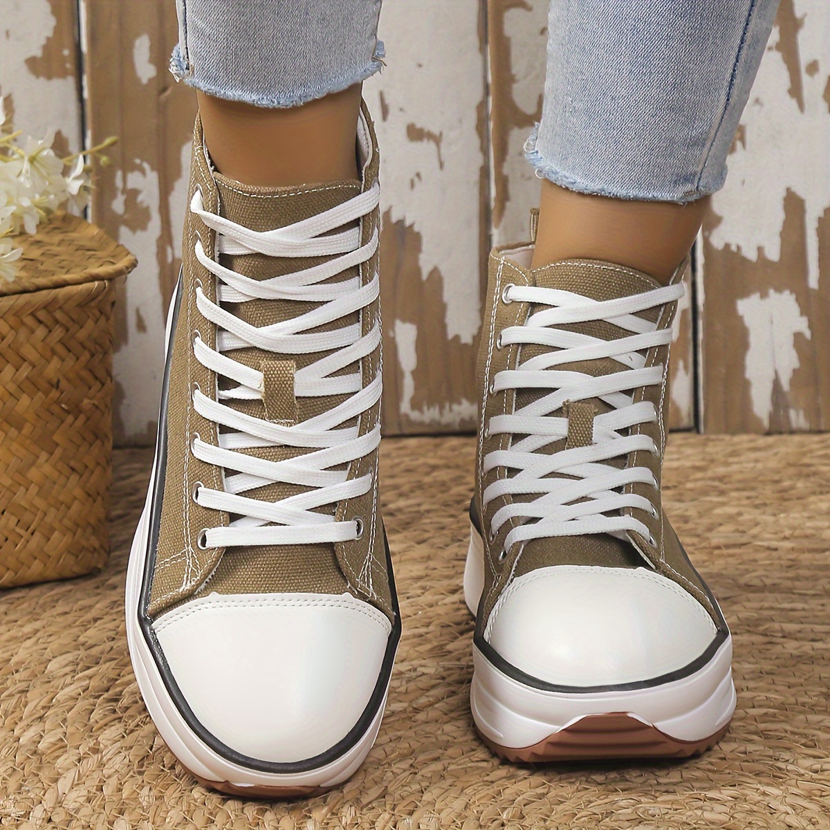 womens solid color casual sneakers lace up soft sole platform skate shoes versatile high top canvas shoes details 3