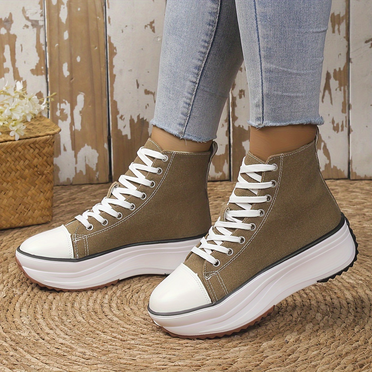 womens solid color casual sneakers lace up soft sole platform skate shoes versatile high top canvas shoes details 4