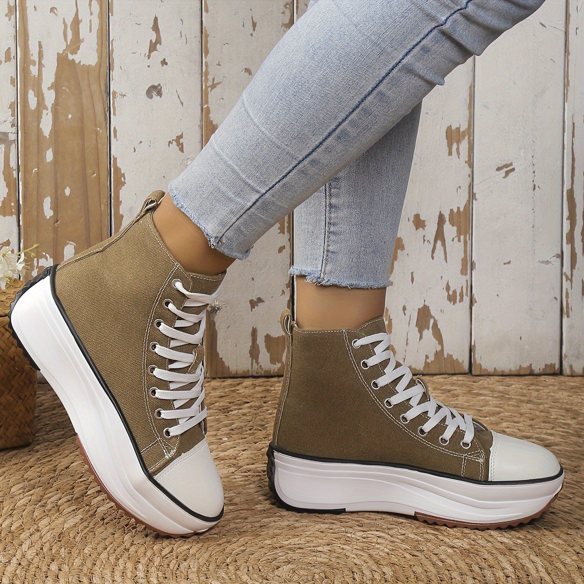 womens solid color casual sneakers lace up soft sole platform skate shoes versatile high top canvas shoes details 6