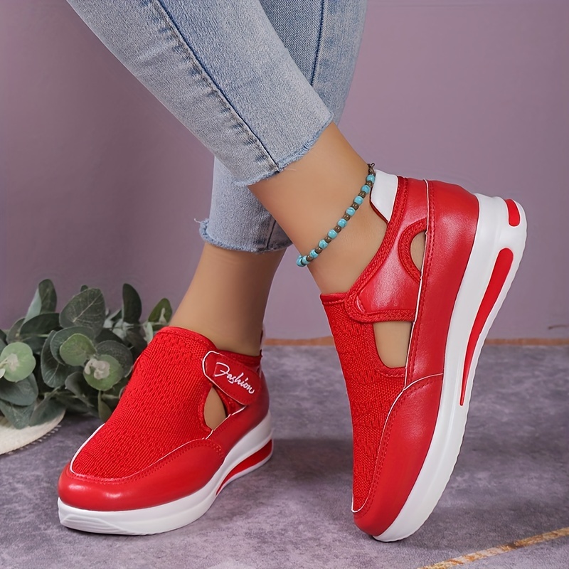 womens knitted sports shoes breathable round toe cut out chunky shoes casual outdoor walking shoes details 0