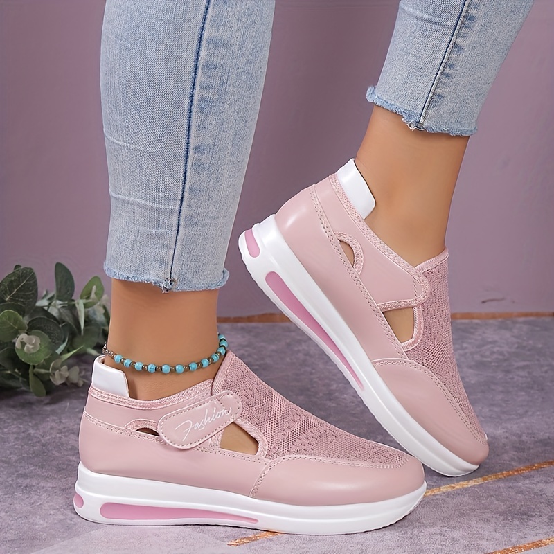 womens knitted sports shoes breathable round toe cut out chunky shoes casual outdoor walking shoes details 3