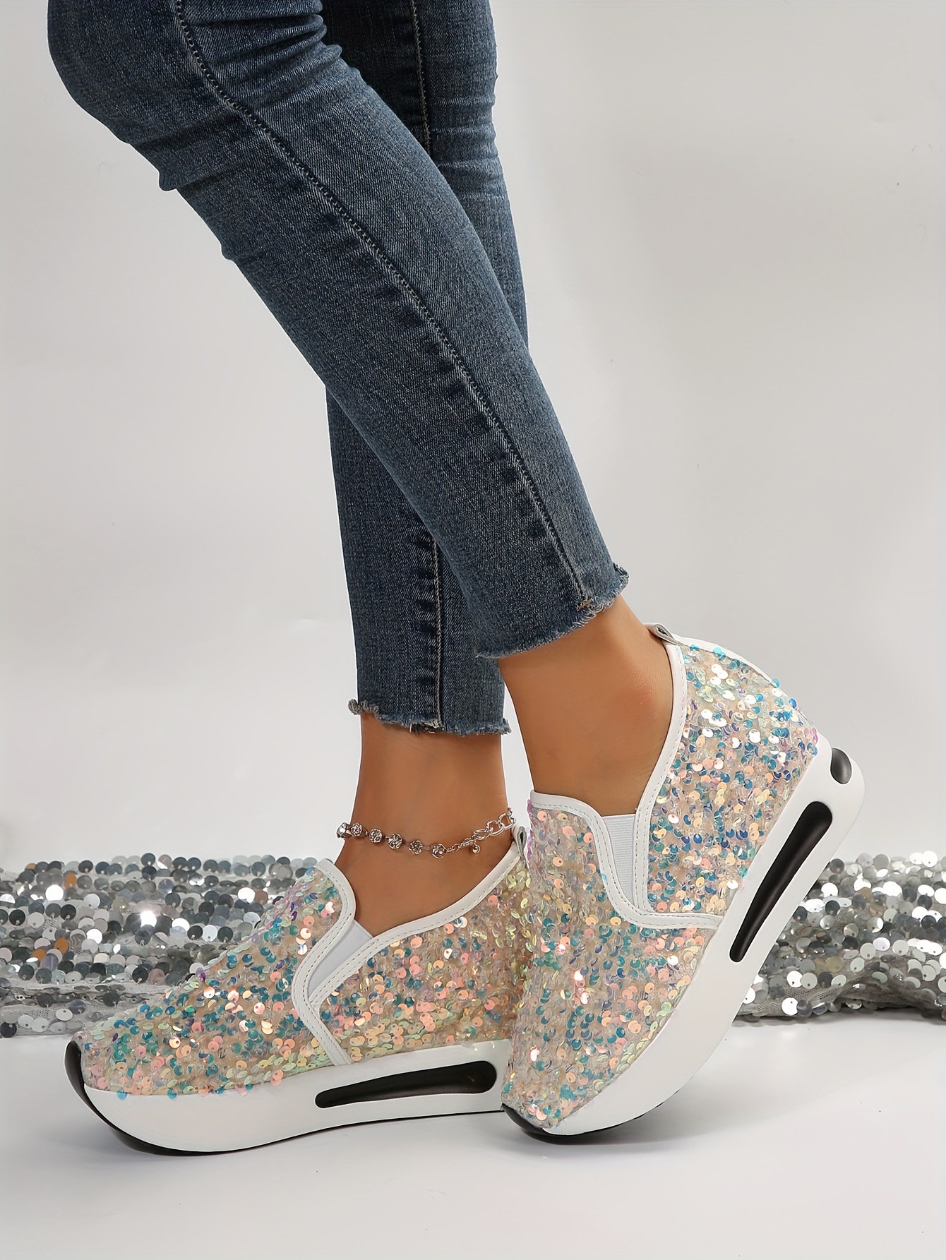 womens sequins platform sneakers casual low top slip on wedge sports shoes fashion walking trainers details 11