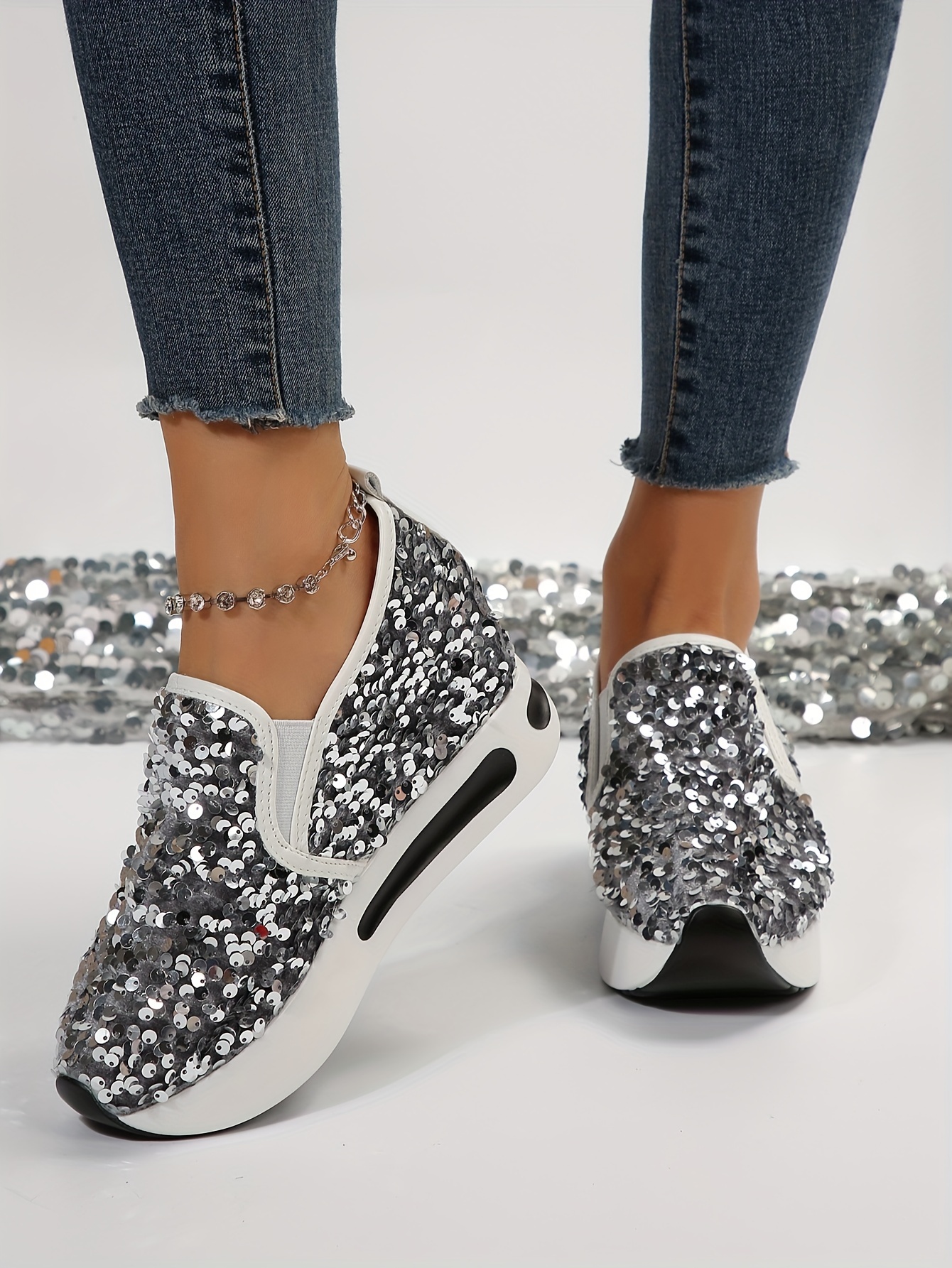 womens sequins platform sneakers casual low top slip on wedge sports shoes fashion walking trainers details 14