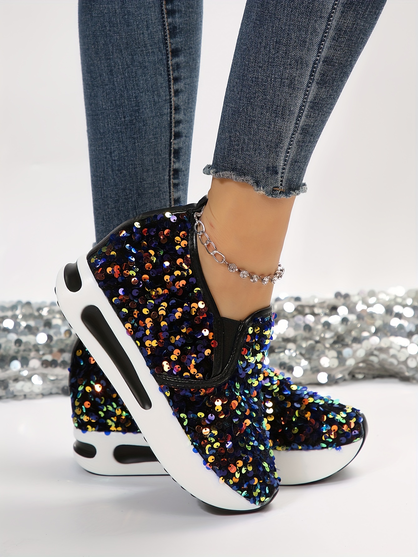 womens sequins platform sneakers casual low top slip on wedge sports shoes fashion walking trainers details 24