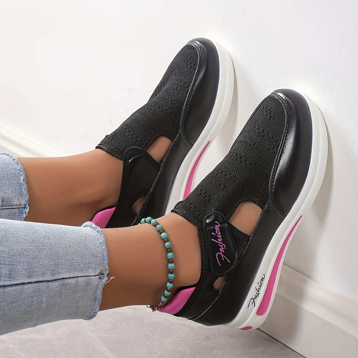 womens breathable knit platform sneakers casual hook loop outdoor shoes lightweight comfortable sport shoes details 4