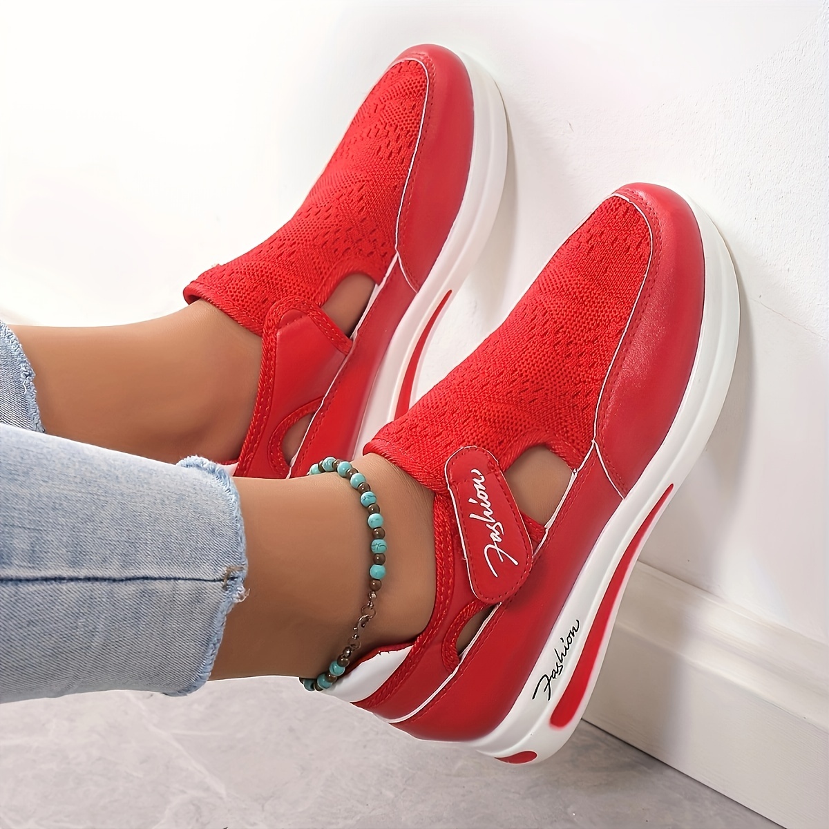 womens breathable knit platform sneakers casual hook loop outdoor shoes lightweight comfortable sport shoes details 5