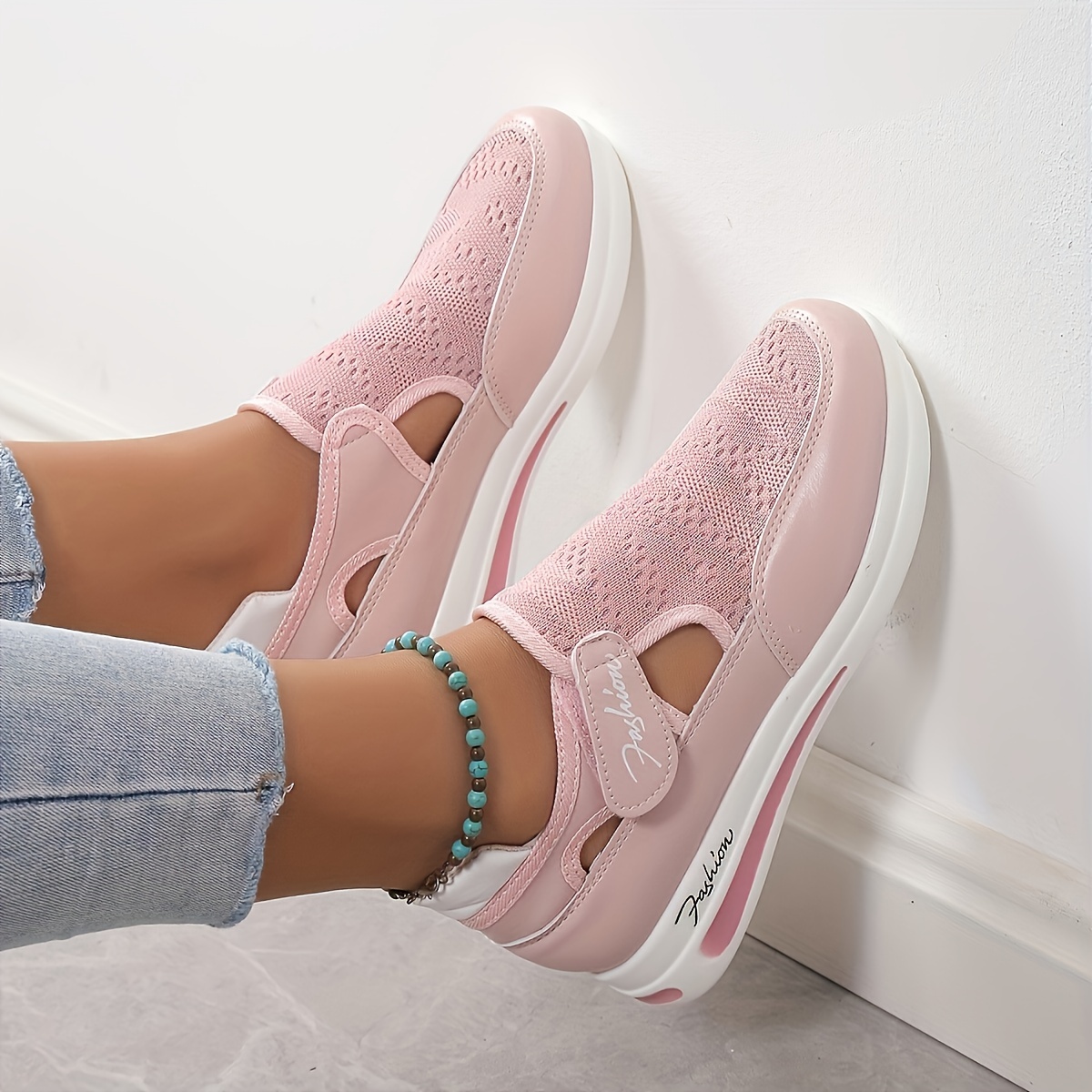 womens breathable knit platform sneakers casual hook loop outdoor shoes lightweight comfortable sport shoes details 7