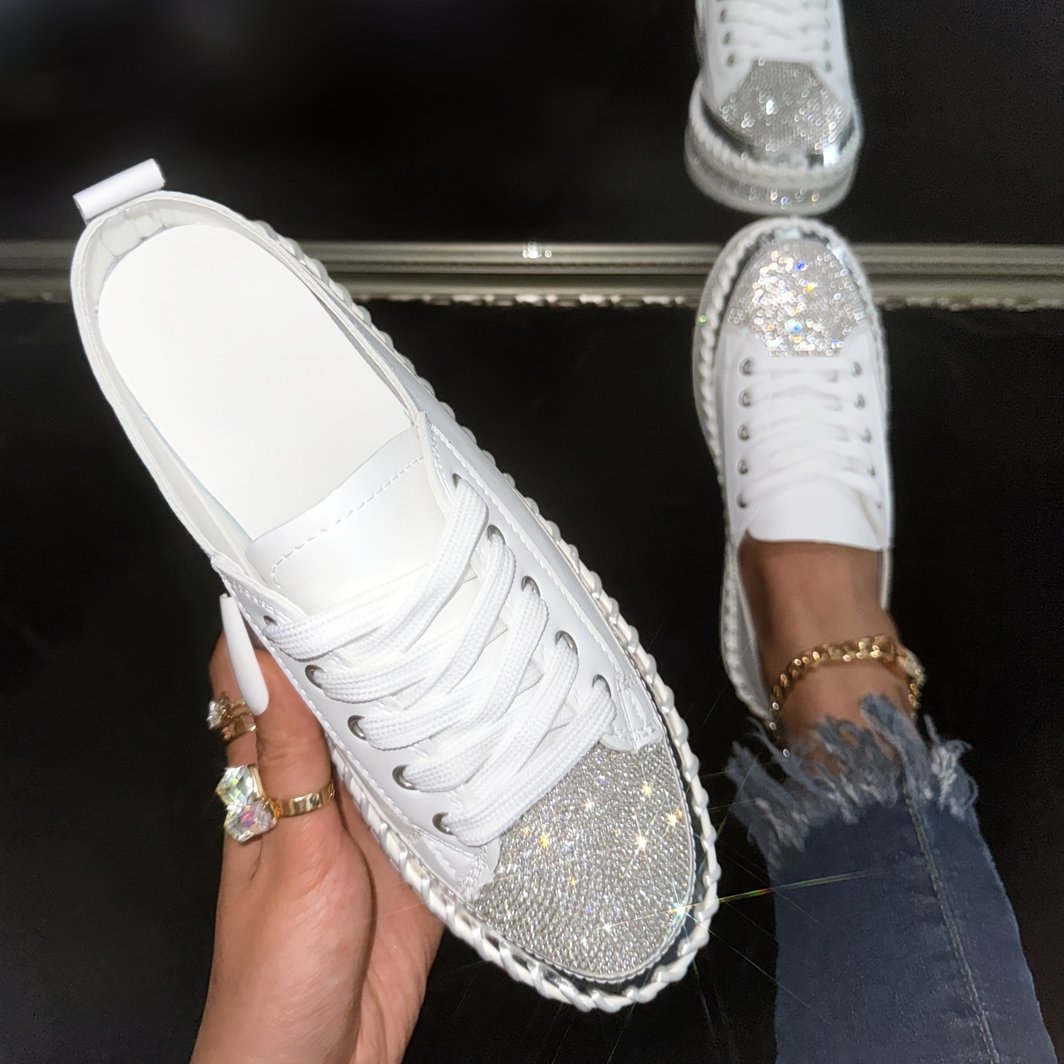 rhinestone flat sneakers, womens rhinestone flat sneakers fashion round toe lace up low top skate shoes all match outdoor trainers details 0